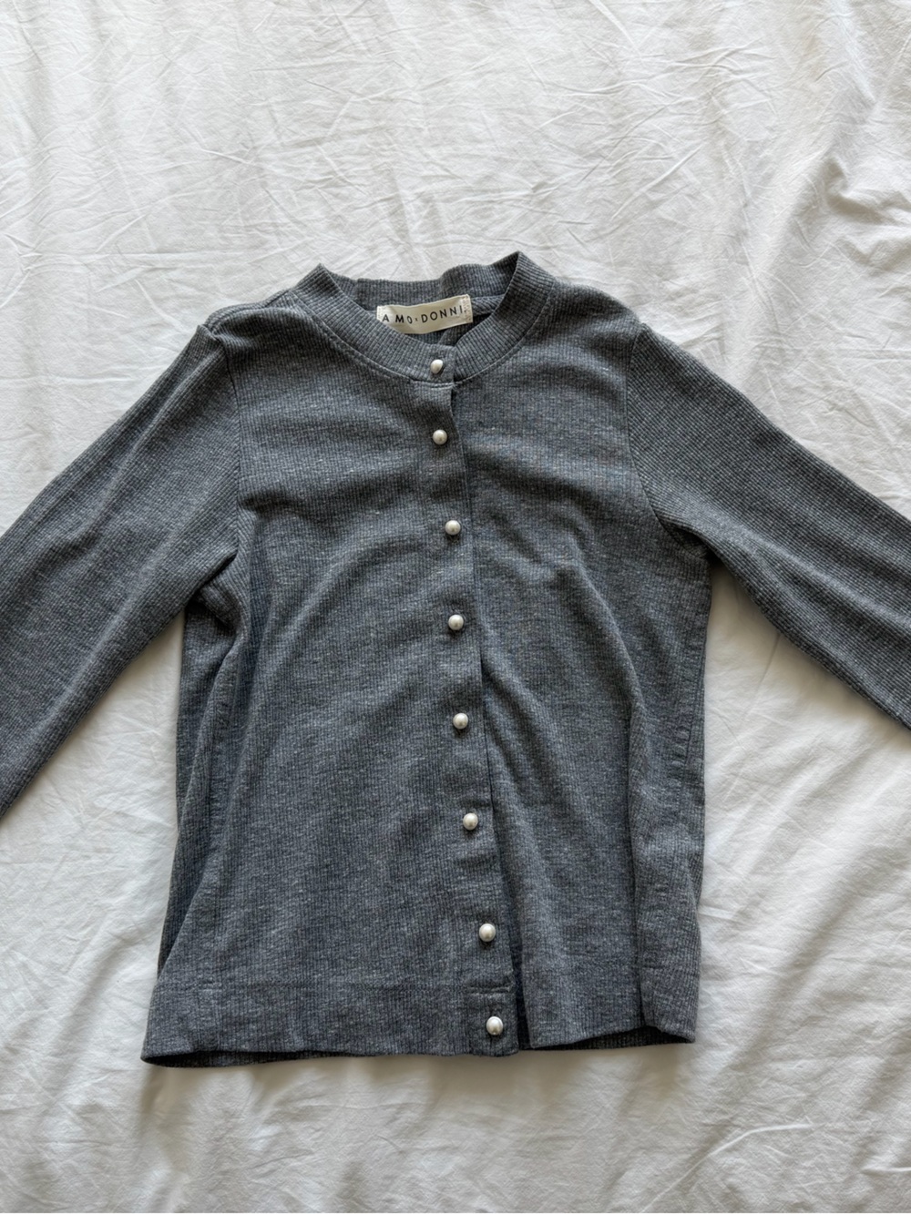 Amo X DONNI. grey ribbed cardigan with pearl buttons
